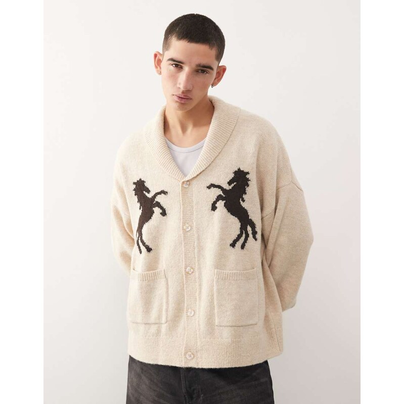 Reclaimed Vintage chunky neck knitted cardigan with horse print