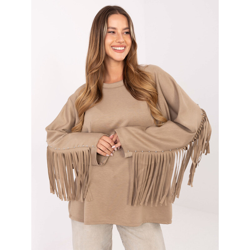 BASIC Béžová dámská viskózová mikina s třásněmi -dark beige 108877054