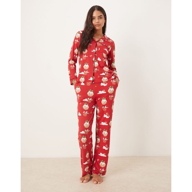 Chelsea Peers poly long sleeve revere pyjama set in Christmas pudding 109369227