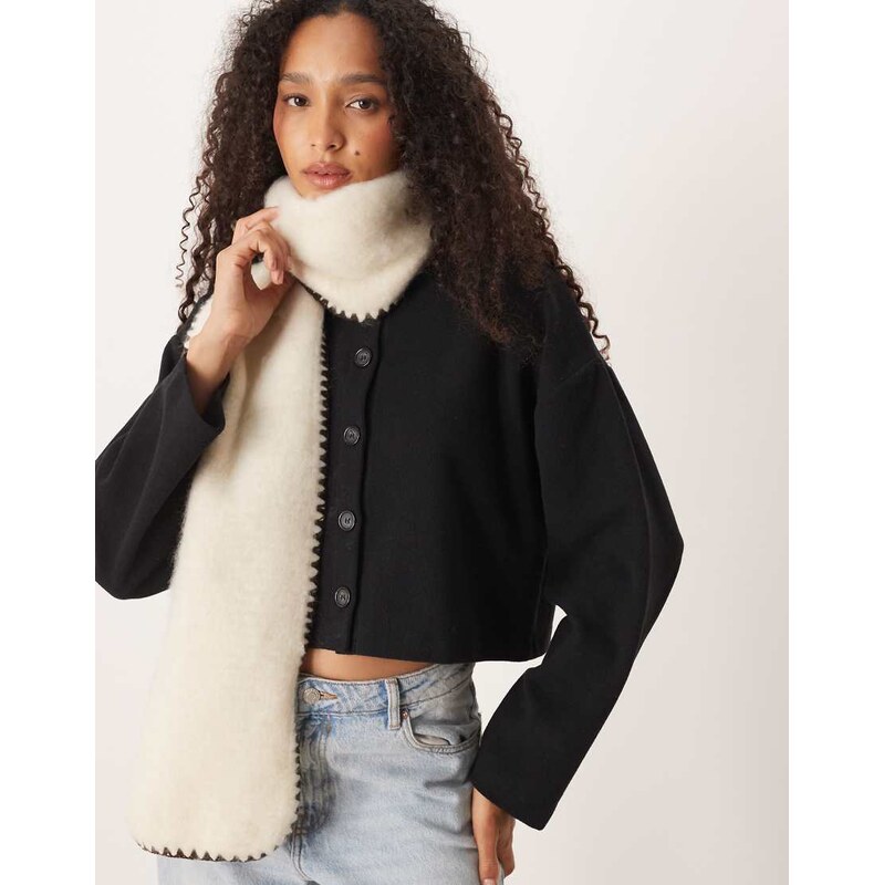 Accessorize stitch edge teddy fluffy scarf in beige-Neutral 108882761