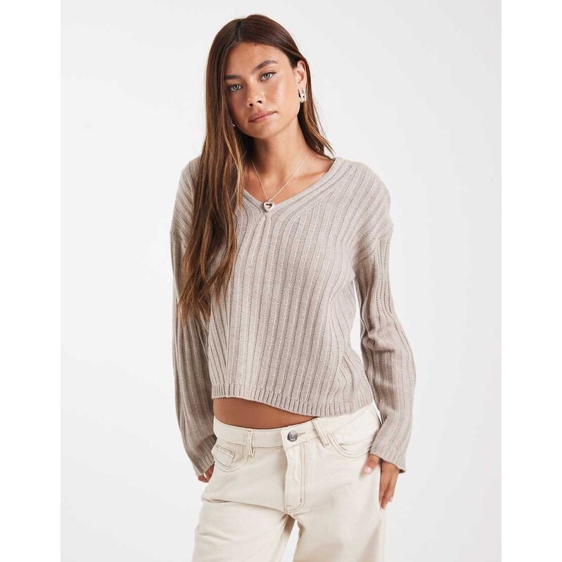 Brave Soul ribbed v-neck jumper in taupe-Neutral