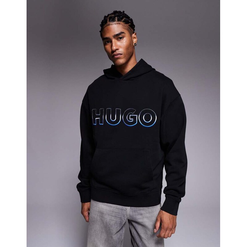 HUGO BLUE Nogudi graduated logo print hoodie in black