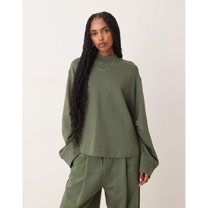 ASOS DESIGN co-ord sweatshirt with waffle panel detail in khaki-Green