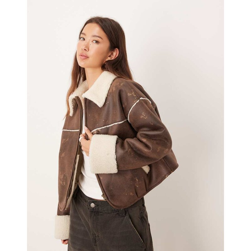 ASOS DESIGN bonded borg fleece zip through cropped jacket in brown and cream