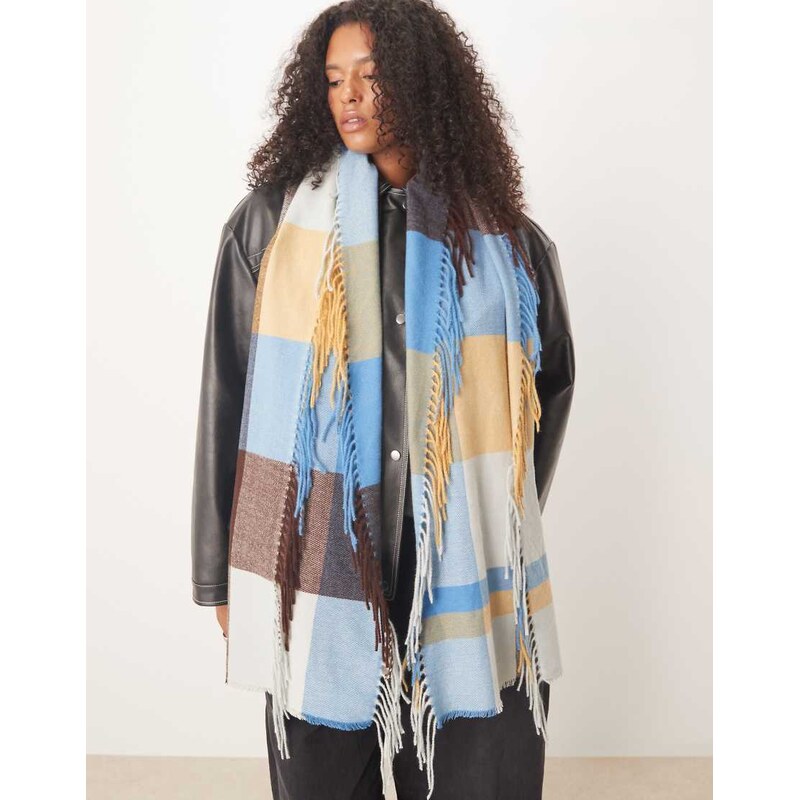 Accessorize blue and cream check blanket fringe scarf in multi 108888616