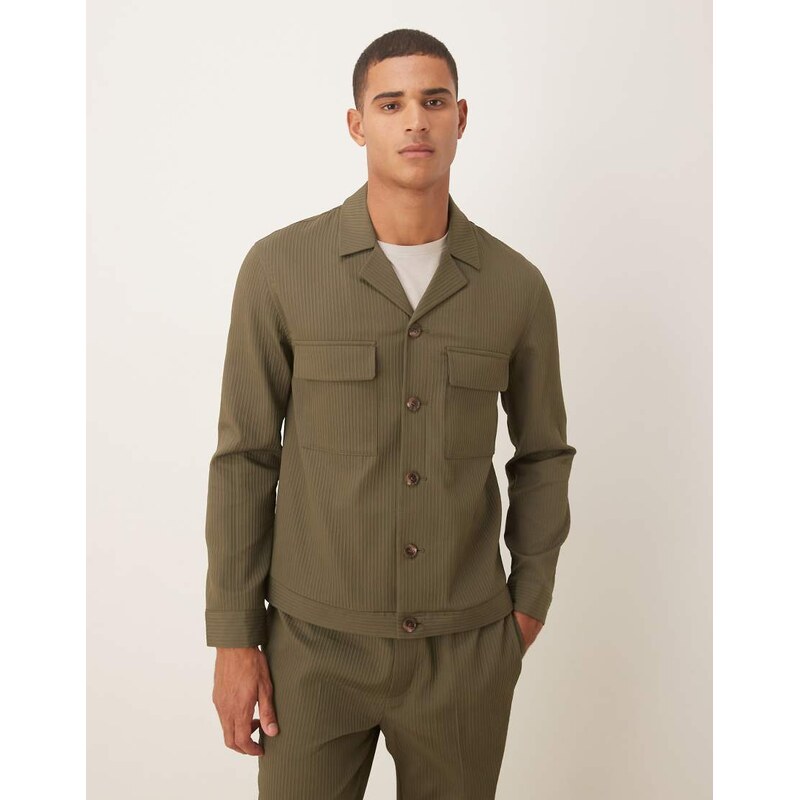 ASOS DESIGN smart co-ord shirt jacket in khaki rib-Green
