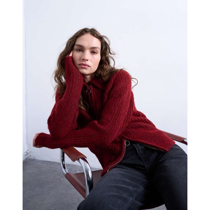 Topshop knitted collar zip ring cardigan in red-Orange