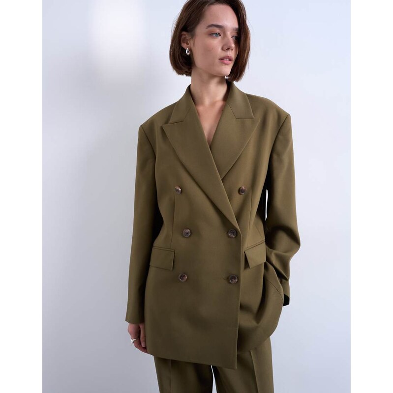 Topshop 6 button double breasted tuxedo blazer in khaki-Green 108892743