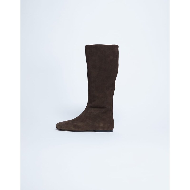 Topshop Tess real suede knee high flat boot in chocolate-Brown
