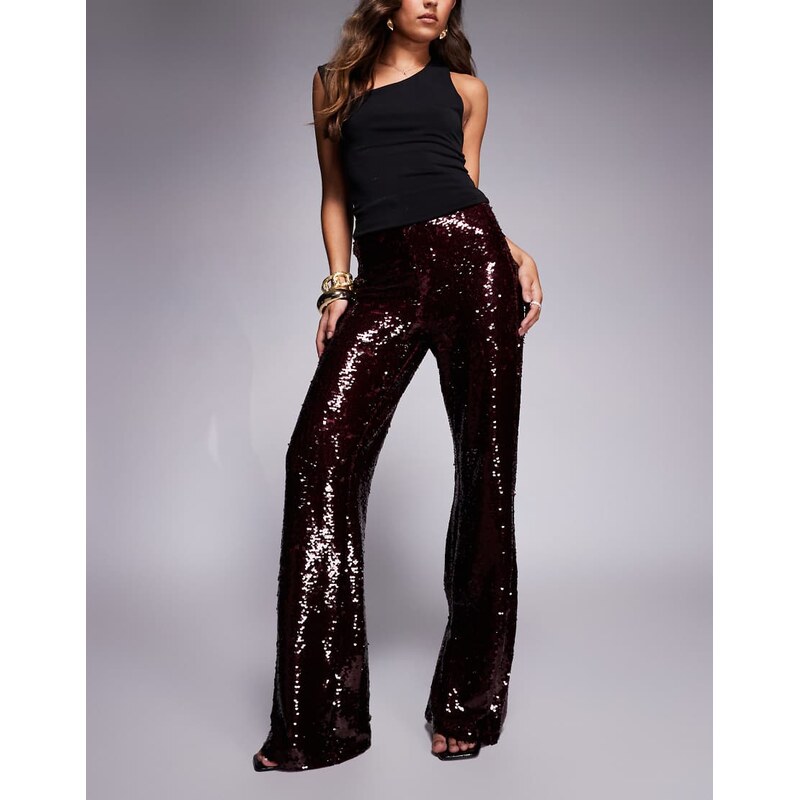 Brave Soul wide leg sequin trousers in burgundy-Red 108892784