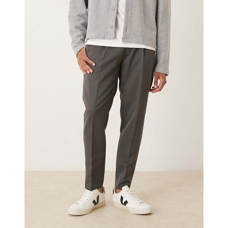 ASOS DESIGN tailored pleated tapered trousers in charcoal-Grey