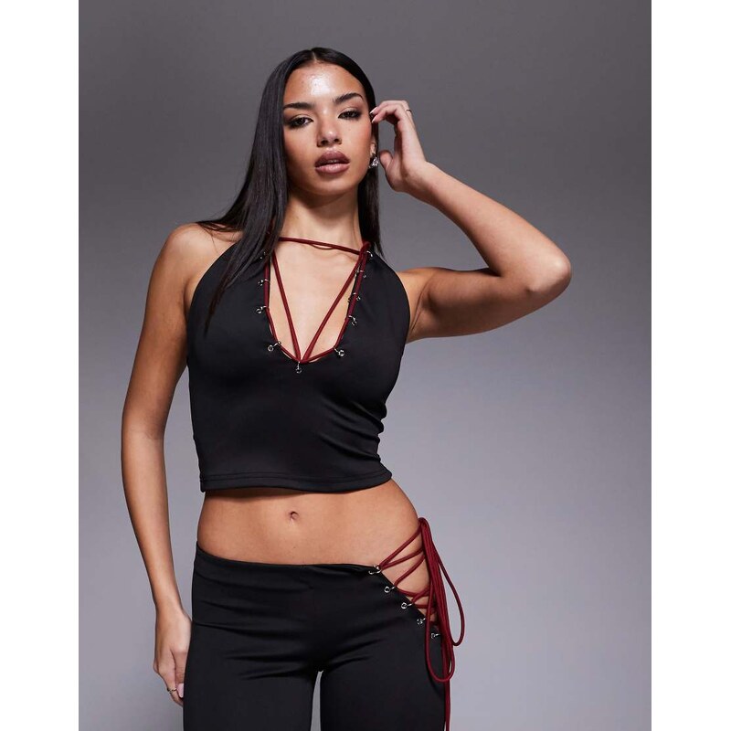 I.AM.GIA Onyx halterneck contrast tie eyelet detail crop top co