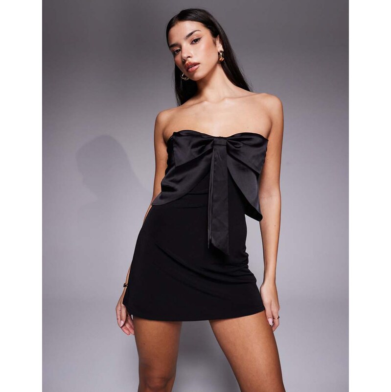 Tiger Mist Grove bardot satin bow detail mini dress in black 108892858