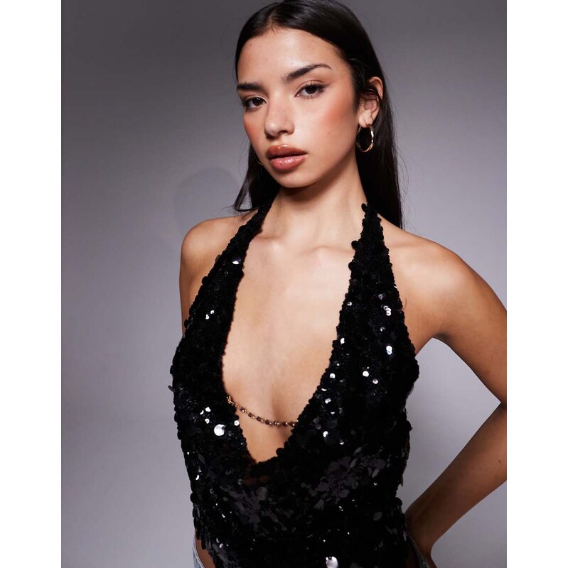 Tiger Mist Zana halterneck disc sequin chain cowl detail tie back top 108892859