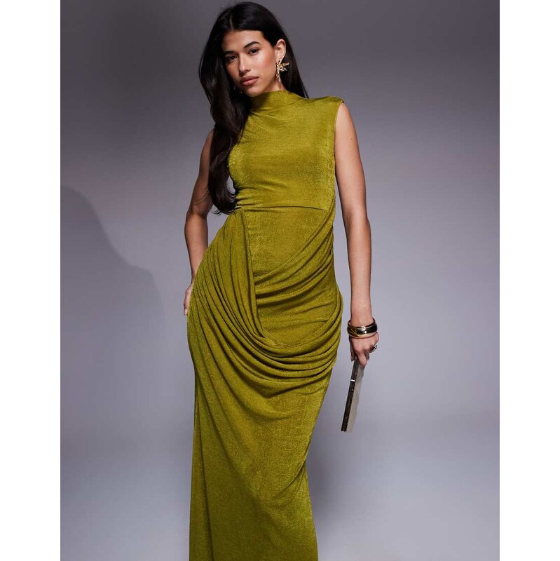 ASOS DESIGN textured slinky capped sleeve maxi dress with drape