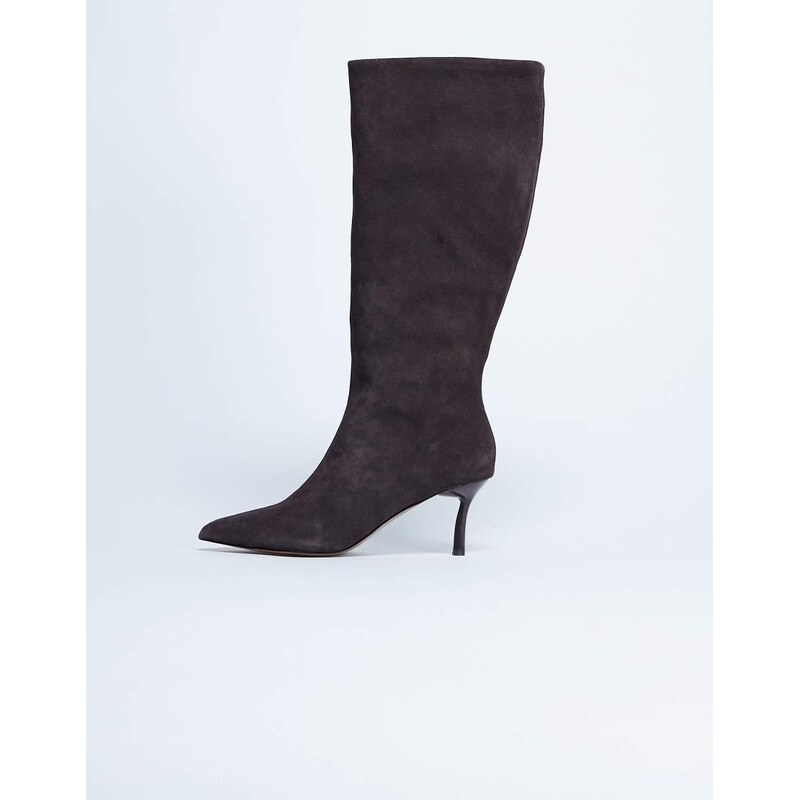 Topshop Tori real suede knee high point toe boot in chocolate-Brown 112328740