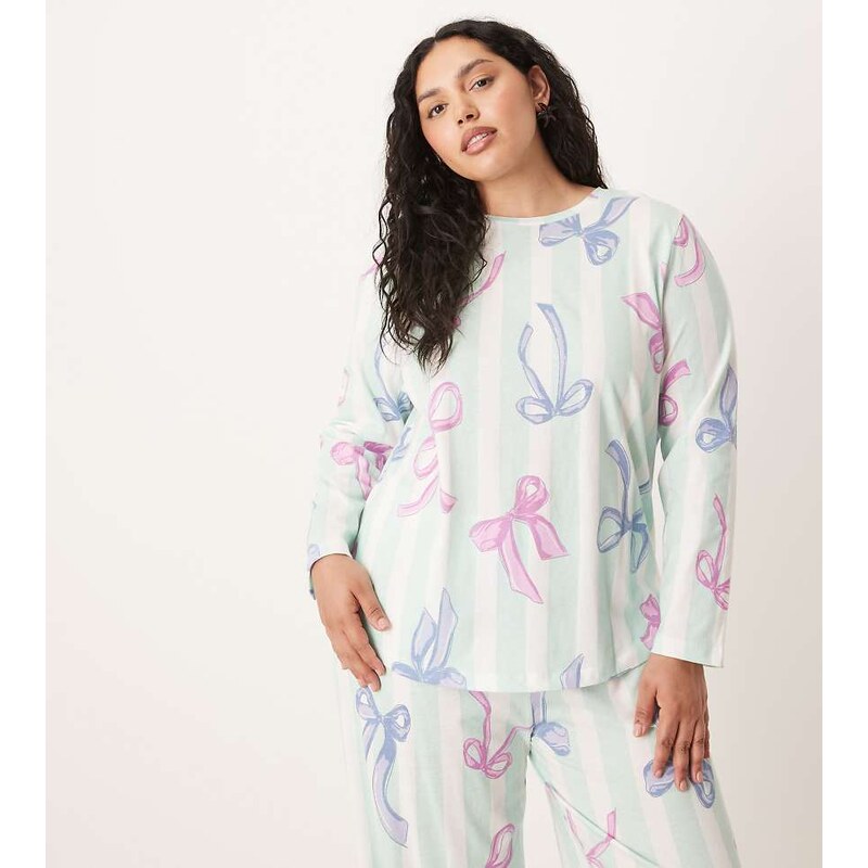 ASOS Curve ASOS DESIGN Curve bow long sleeve top & trouser pyjama set 110942408