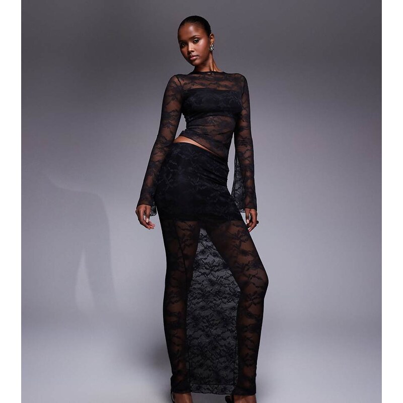Kaiia exclusive slinky sheer hem lace maxi skirt co-ord in black