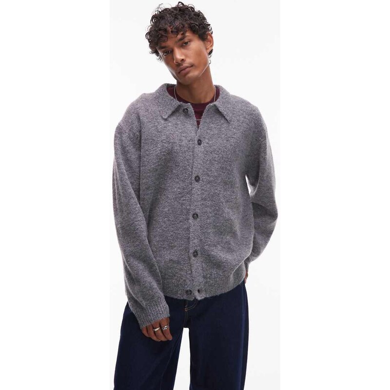 Topman oversized fit button through cardigan in charcoal-Grey