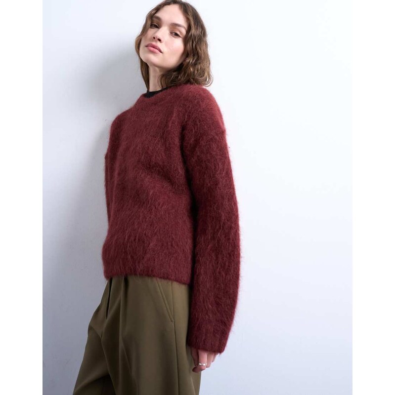 Topshop knitted premium alpaca crew neck boxy jumper in Burgundy