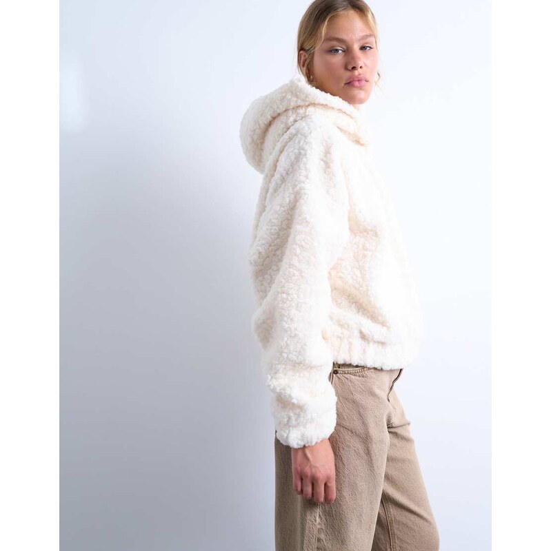 Topshop borg oversized hoodie in cream-White