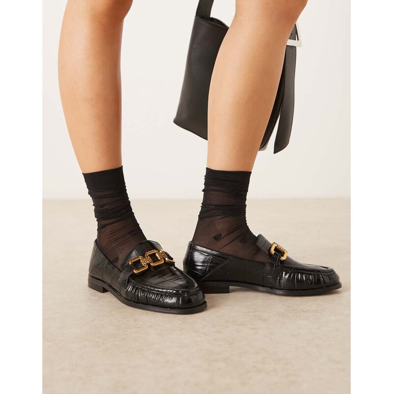 ASOS DESIGN Melrose chain detail ruched loafers in black croc