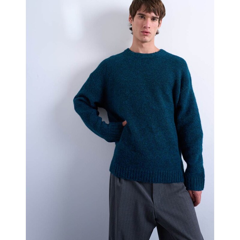 Topman loose knit crew jumper in dark blue-Green