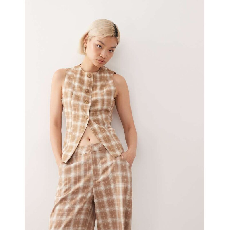 Reclaimed Vintage tailored waistcoat co-ord in check-Brown