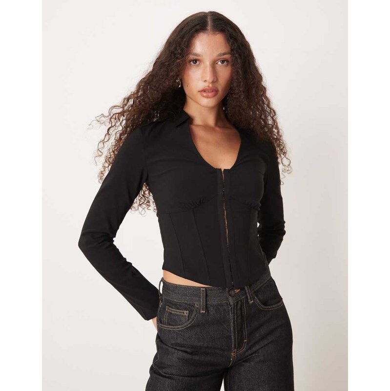 Gina Tricot long sleeve hook and eye corset style top in black 108896532