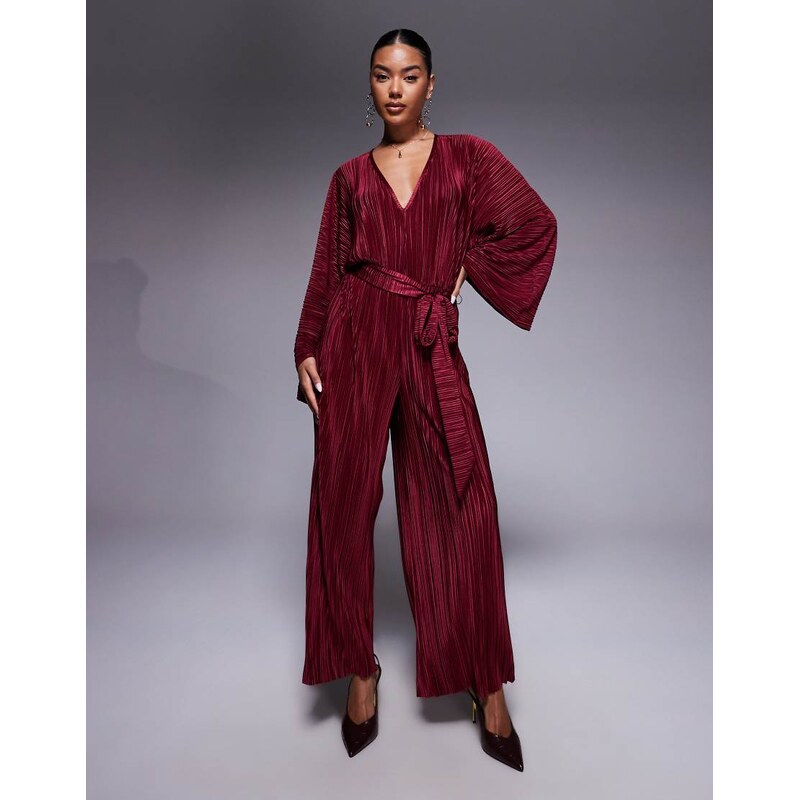 ASOS DESIGN plisse V front tie back waist wide leg jumpsuit in