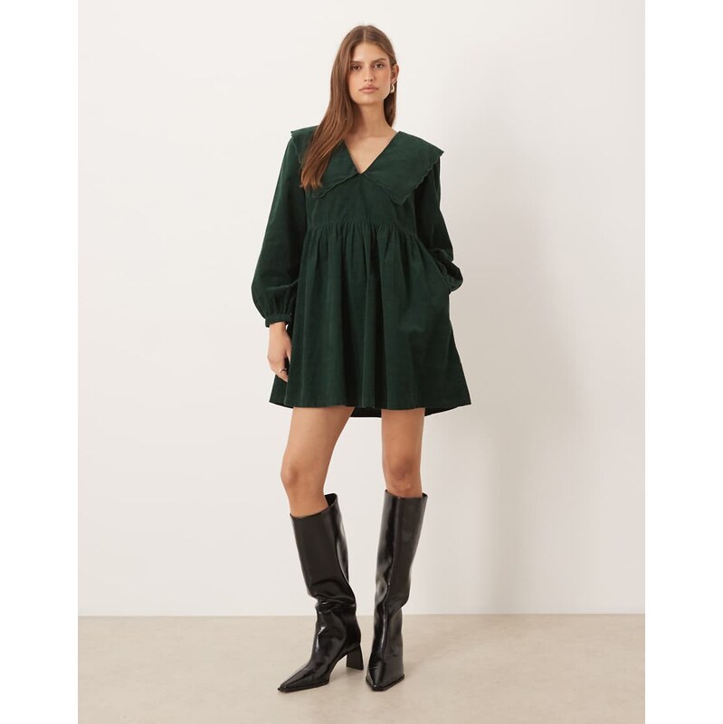 Nobodys Child Cassis cord mini smock dress in dark green 108896561