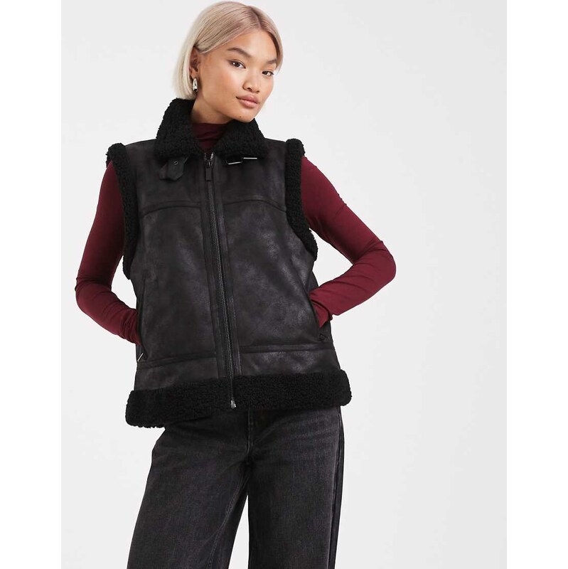 French Connection faux suede borg lined gilet in black