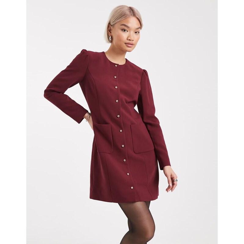 French Connection button through tailored mini dress in burgundy 108896570