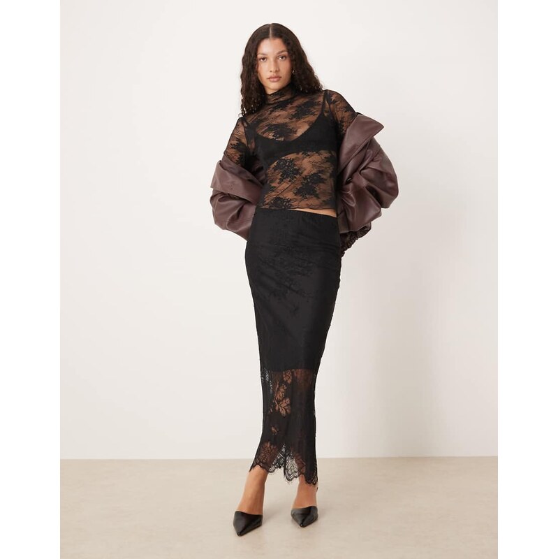 Gina Tricot midi skirt with lace insert in black 108896597
