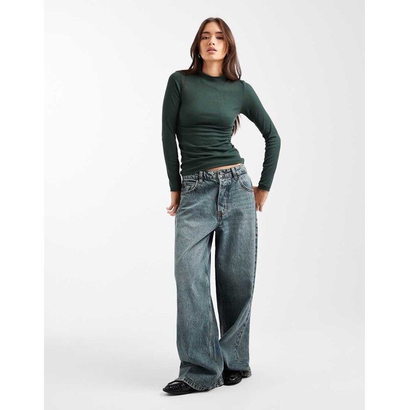 New Look ribbed stand neck long sleeve top in green