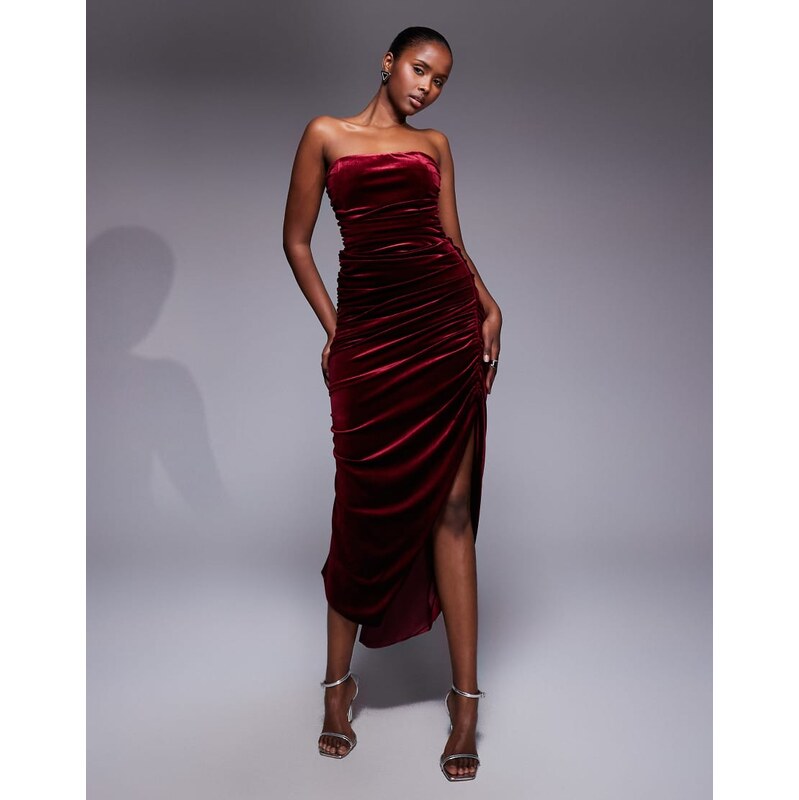 TFNC ruched bandeau dress in burgundy velvet-Red 114901701