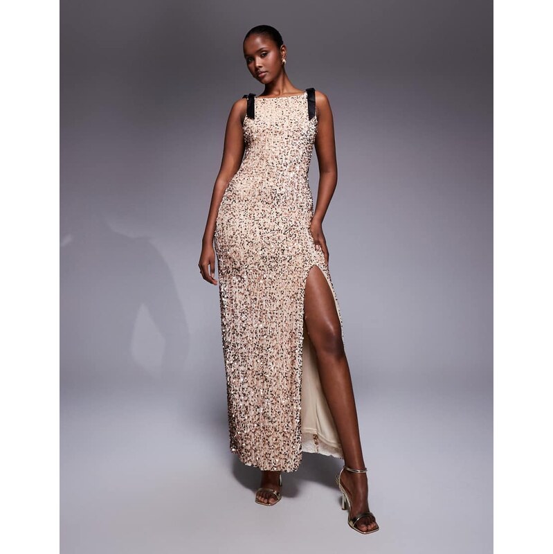 TFNC premium maxi dress with v-back and shoulder bows in light gold 108896614