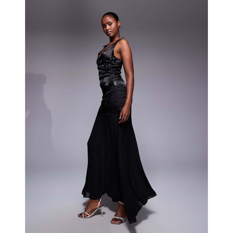 TFNC sequin embroidered maxi dress with chiffon skirt in black satin 108896618