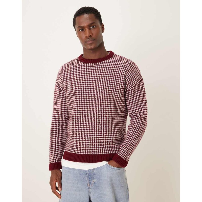 ASOS DESIGN relaxed knitted crew neck stripe jumper in burgundy-Red