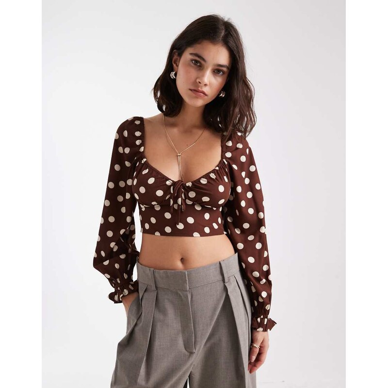New Look polka dot long sleeve milkmaid top in brown