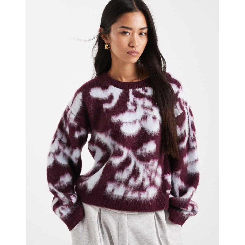 ASOS DESIGN knitted brushed floral jumper in wine-Multi