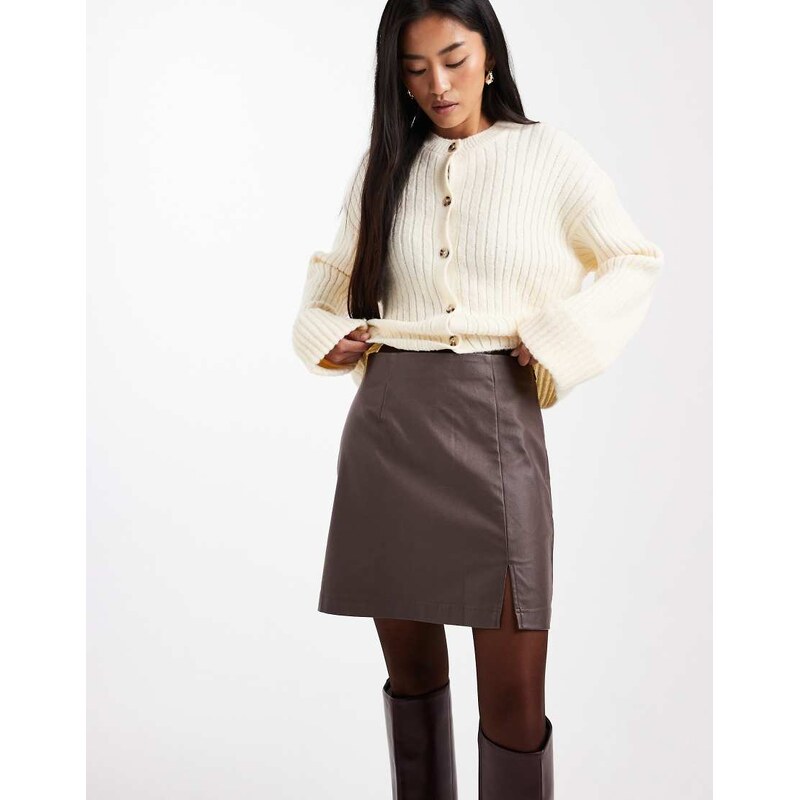 Object coated leather-look mini skirt in chocolate brown 108896687