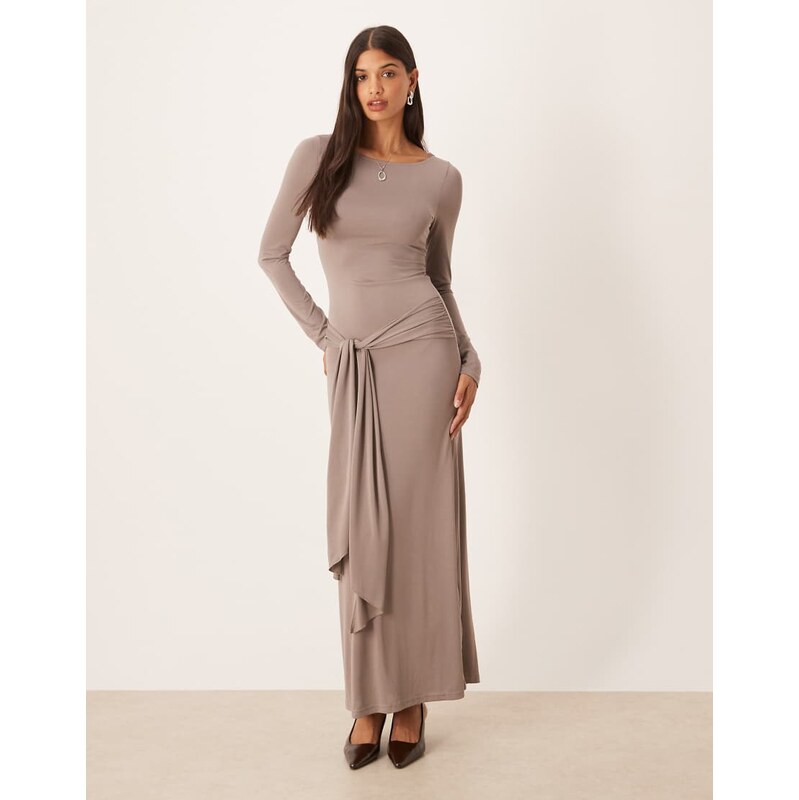 Motel Zeya long sleeve maxi dress with tie detail in grey