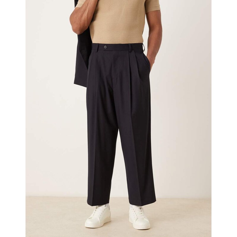 ASOS DESIGN barrel trousers with subtle woven stripe in navy