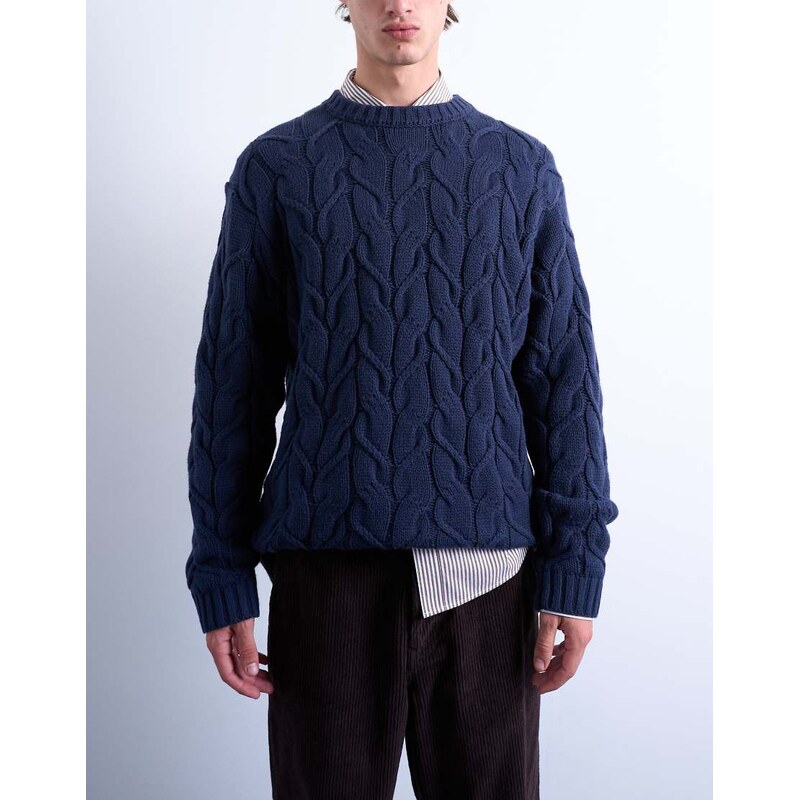 Topman relaxed fit heavyweight knitted jumper with cable in navy