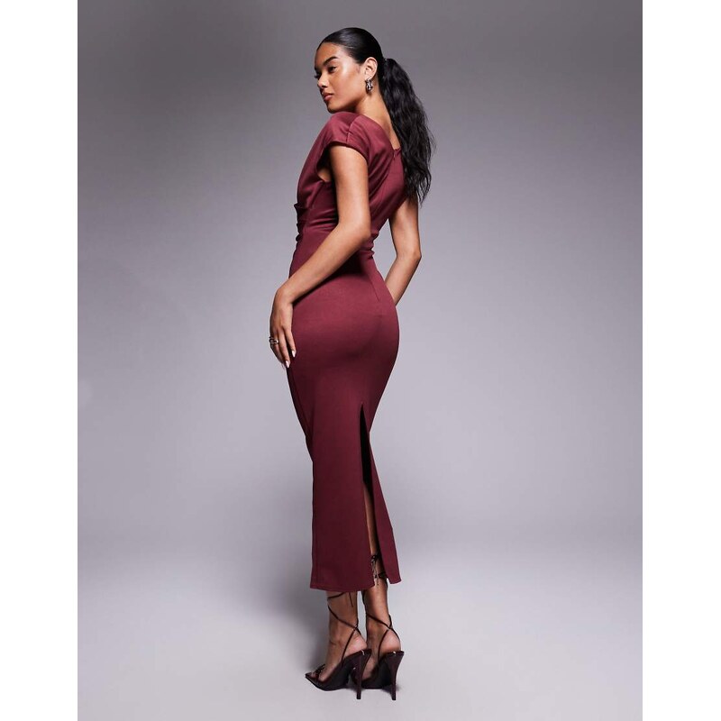 ASOS DESIGN structured midi dress with capped sleeve and draped cross front in dark berry