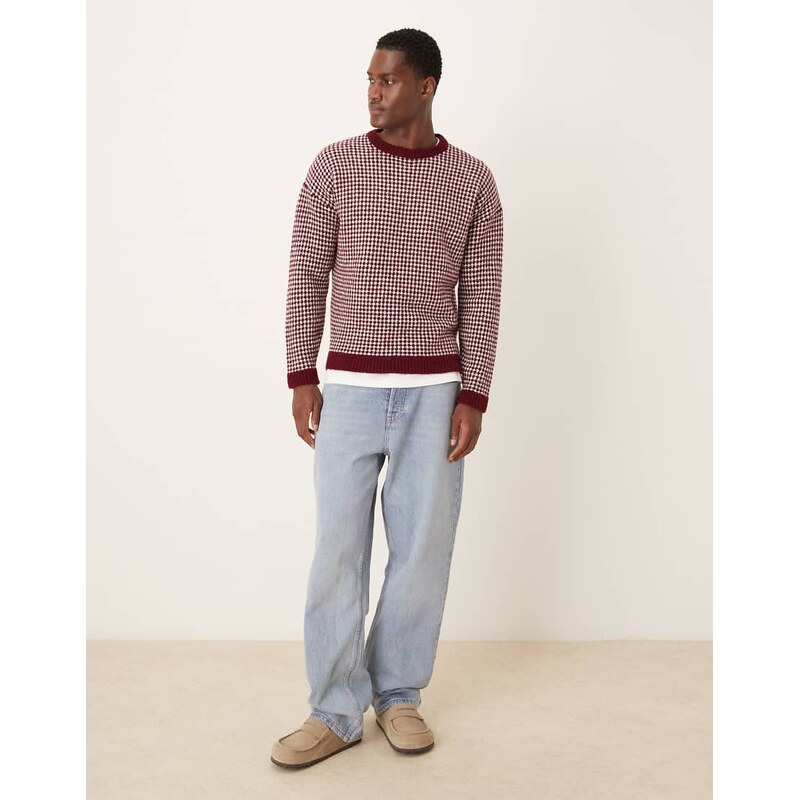 ASOS DESIGN relaxed knitted crew neck stripe jumper in burgundy-Red