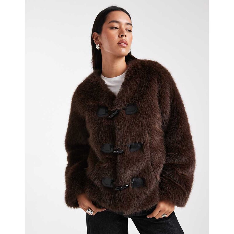 4th & Reckless faux fur toggle detail collarless jacket in chocolate 109486650