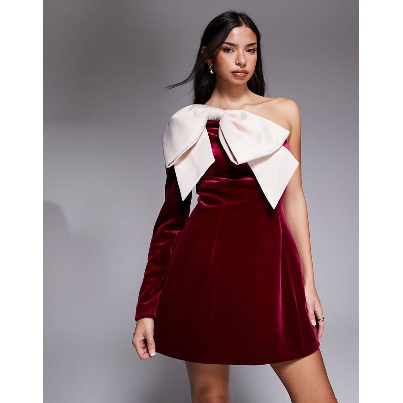 ASOS LUXE one shoulder velvet mini dress with bow detail in burgundy 111084501