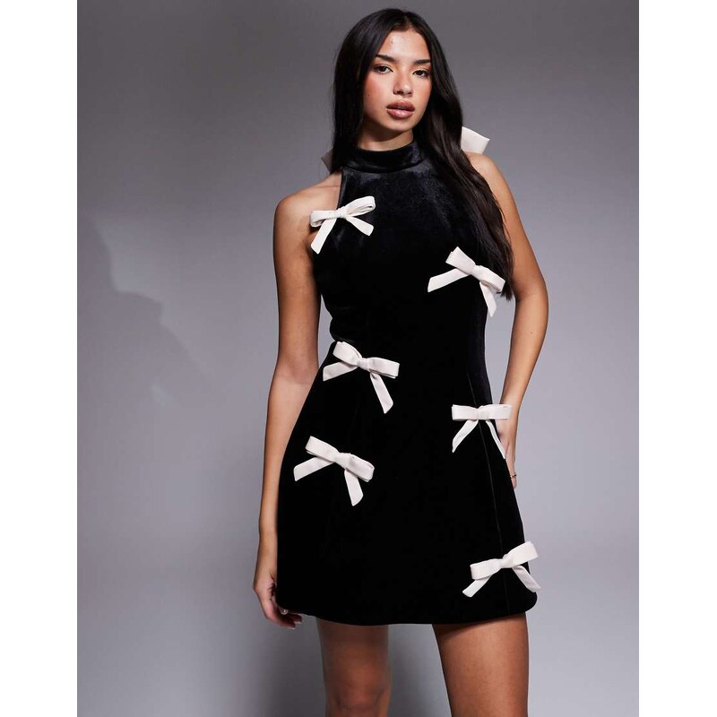 ASOS LUXE high neck velvet mini dress with bow details in black 109067366
